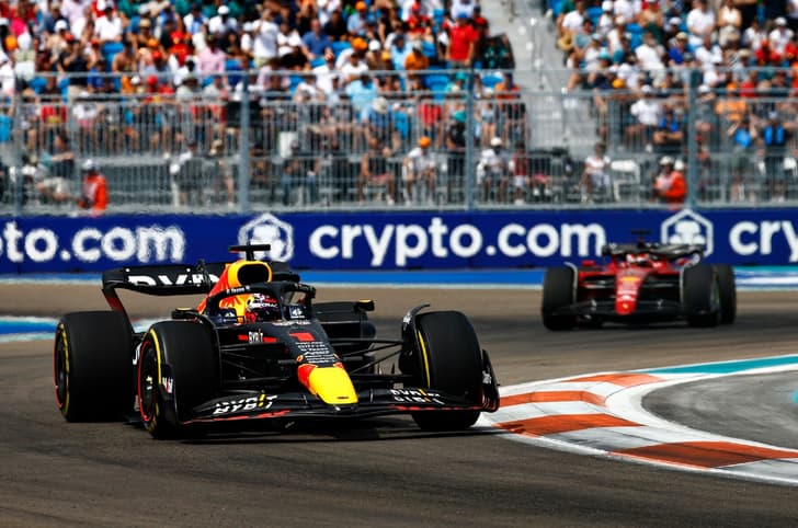 Max Verstappen ahead of Charles Leclerc at 2022 Miami GP