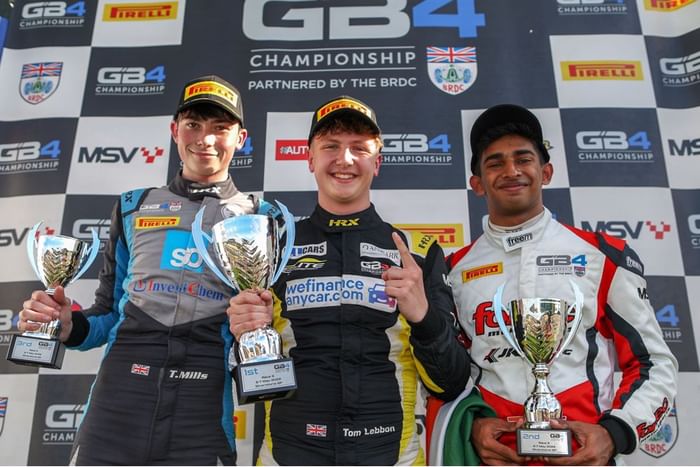 Tom Mills, Harri Reynolds and Ruhaan Alva on GB4 Championship podium at Silverstone