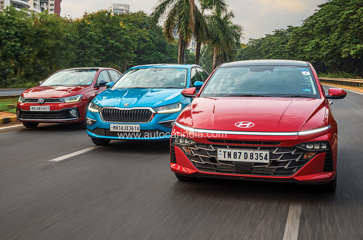 Hyundai Verna vs Skoda Slavia vs Volkswagen Virtus front