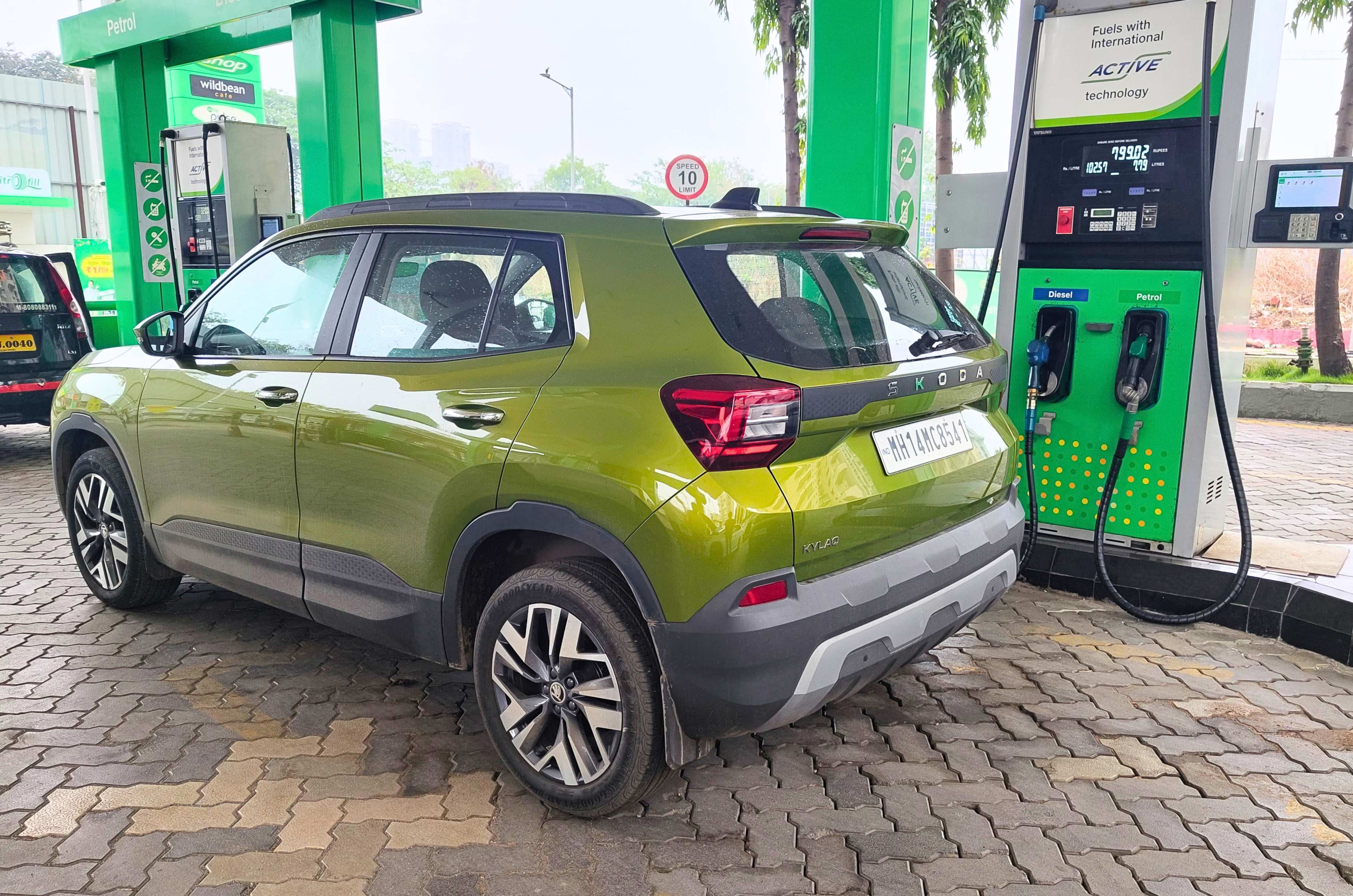 Skoda Kylaq rear petrol pump filling at fuel efficiency test