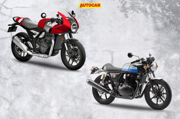 Triumph Thruxton 400 and Royal Enfield Continental GT 650 side by side on a textured background.