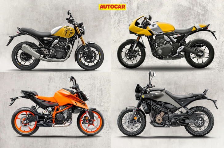 Triumph Speed 400, Thruxton 400, KTM 390 Duke, and Husqvarna Svartpilen 401 on a textured background