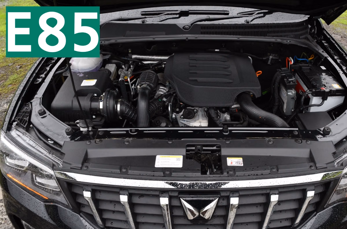Mahindra Scorpio N petrol engine with E85 logo