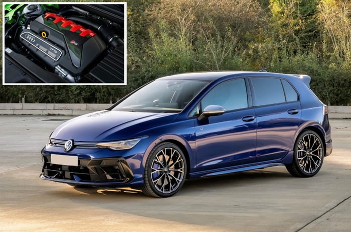 2025 Volkswagen Golf R with Audi 5-cylinder engine inset 