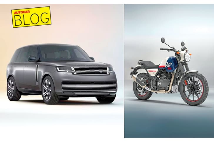 Land Rover Range Rover and Royal Enfield Scram 440 front right static images side by side in studio