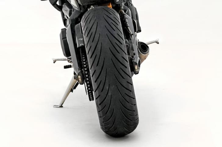 Eurogrip Roadhound rear tyre on a Triumph Street Triple RS in studio