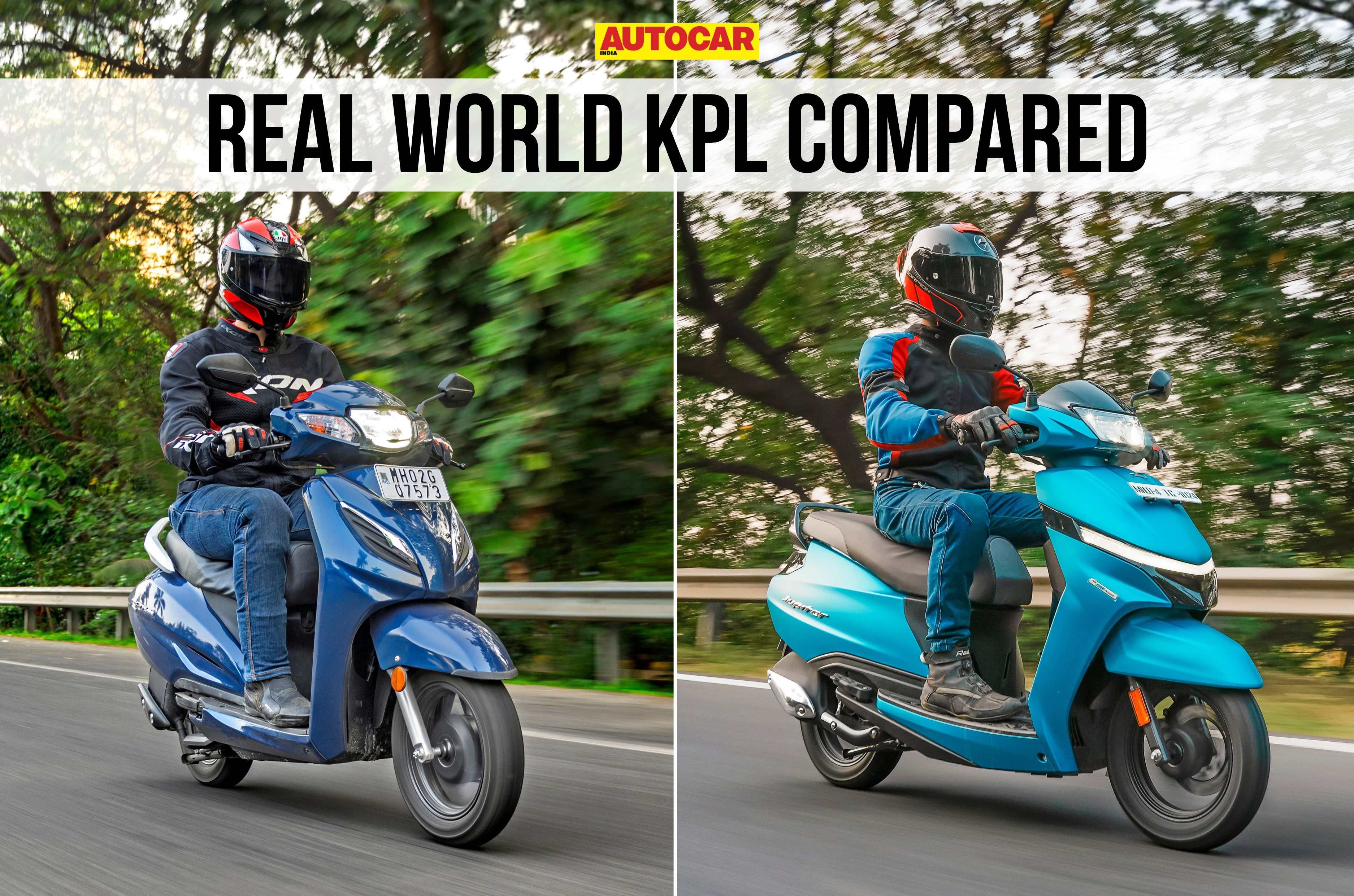 Honda Activa and TVS Jupiter front right angle tracking shot on road