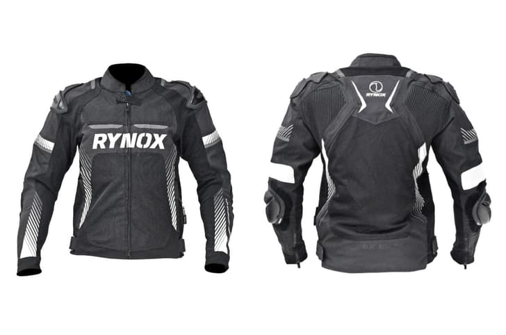 Rynox Apex Evo jacket front and back angle in studio