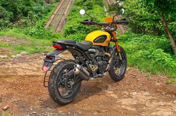 Triumph Scrambler 400 XC right side static rear in field