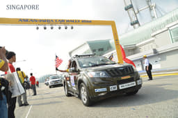 The Mahindras start off on their journey at 0930 hrs on November 28, 2012 from the F1 pit in Singapore. 