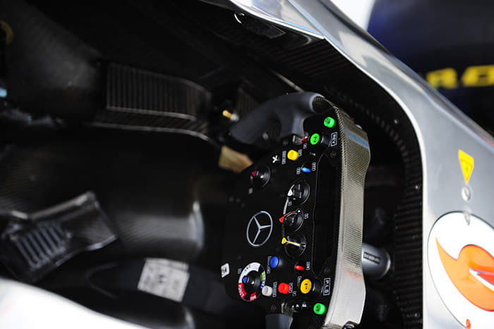 Mercedes AMG F1 W04 steering wheel in detail.