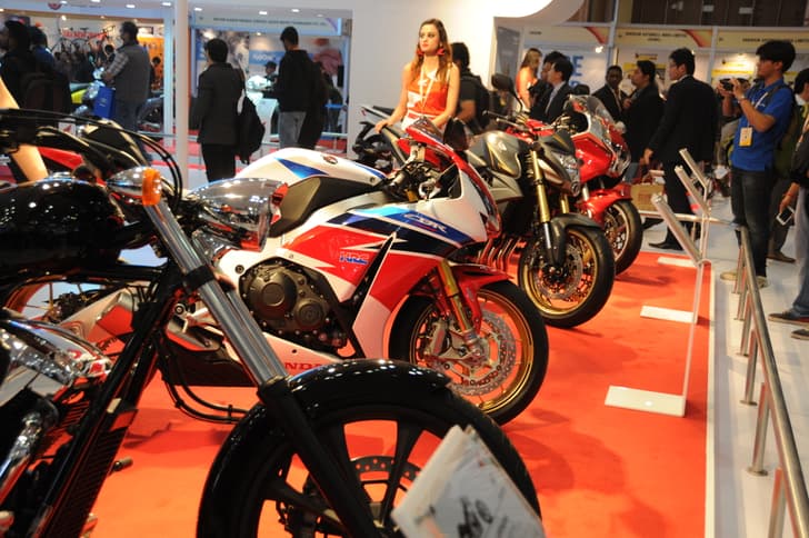 Honda has their current range of superbikes on display...