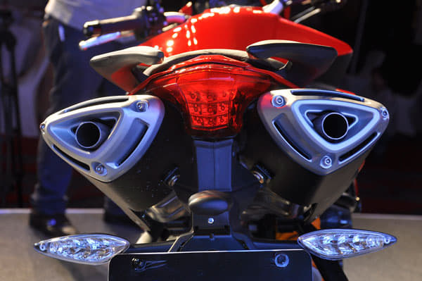 Dual underseat triangular exhaust system lends to its sporty character.