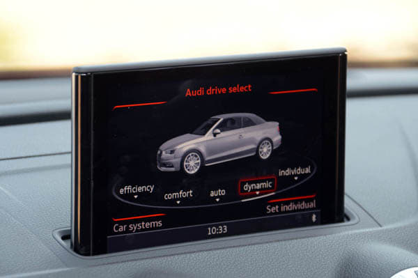 The A3 Cabriolet gets Audi Drive Select, which alters engine response and steering weight with each setting.