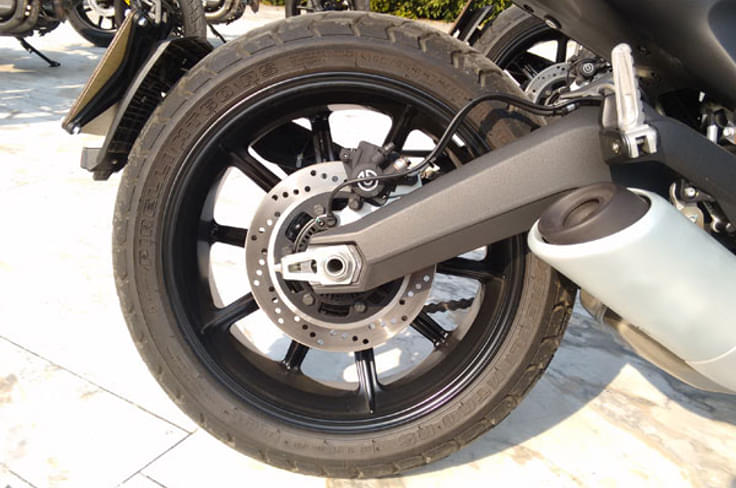 A 245mm ABS equipped Brembo rear disc brake is radial mounted to an aluminium swingarm. A 245mm ABS equipped Brembo rear disc brake is radial mounted to an aluminium swingarm.