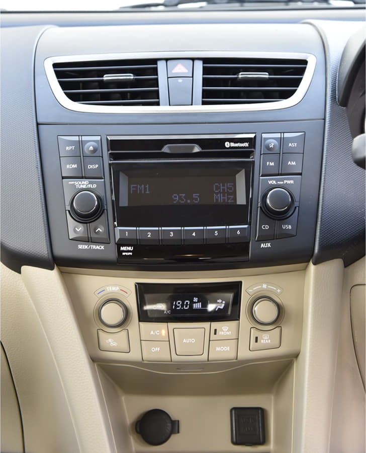 The Dzire ZXi and ZDi come with a music system with Bluetooth connectivity for music and calling. Climate control is standard on these trims as well.