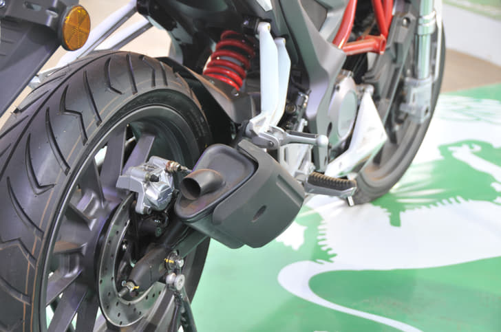 Short silencer is finished in black, monoshock is seen at rear with a box-section swingarm. 