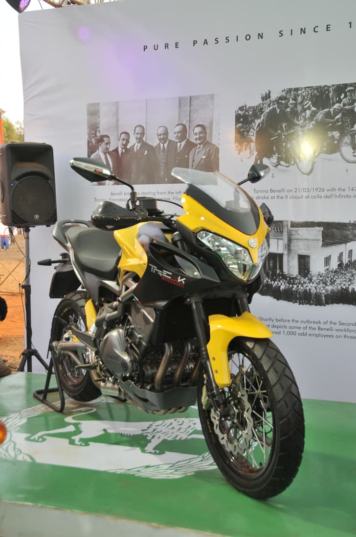 The Benelli TreK Amazonas 1130 seen at the Benelli umbrella at India Bike Week 2015.