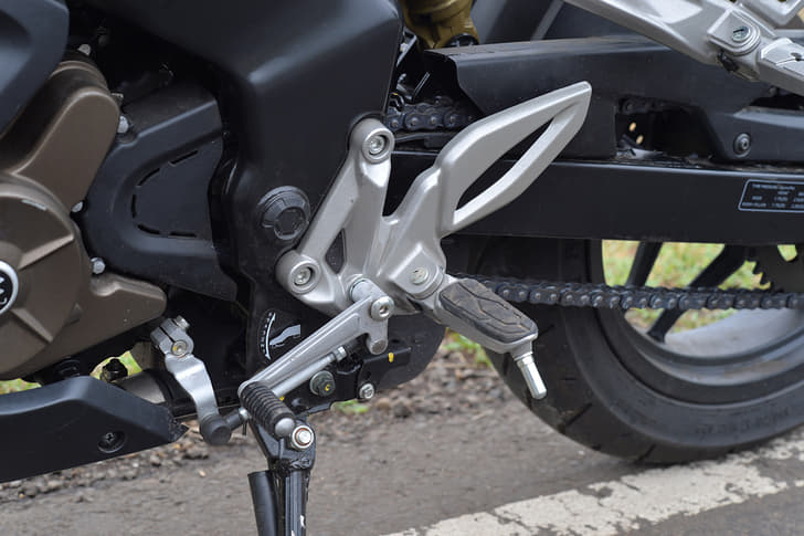 Well-designed and silver-finished, the foot-pegs on the RS 200 look smart. 