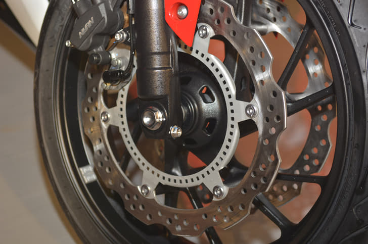 Nissin brakes with ABS as standard perform the stopping duties on the CBR 650F.