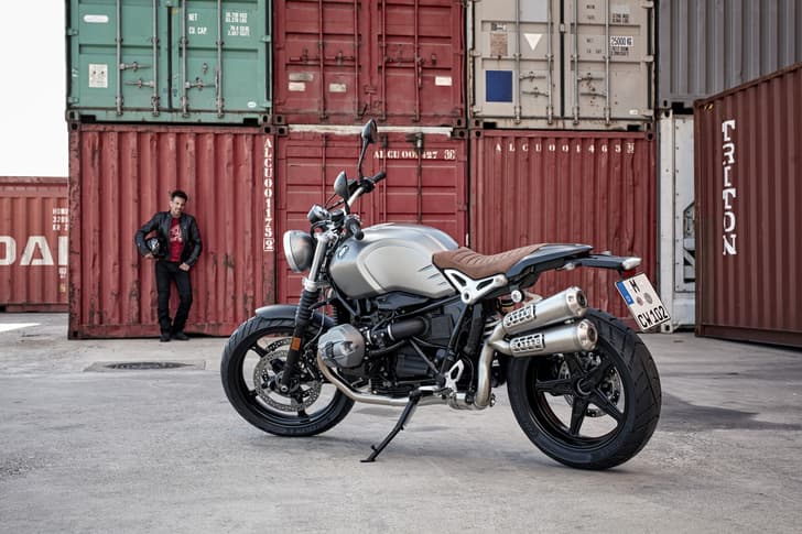 BMW RnineT Scrambler left rear three-quarters view.