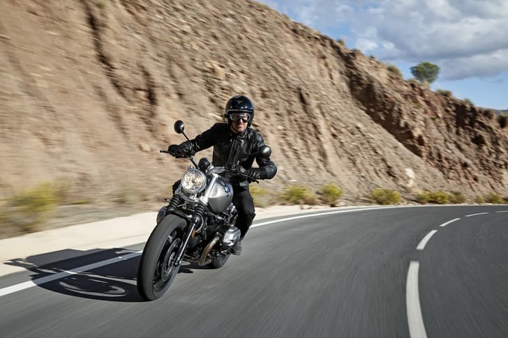 BMW RnineT Scrambler rolling shot.