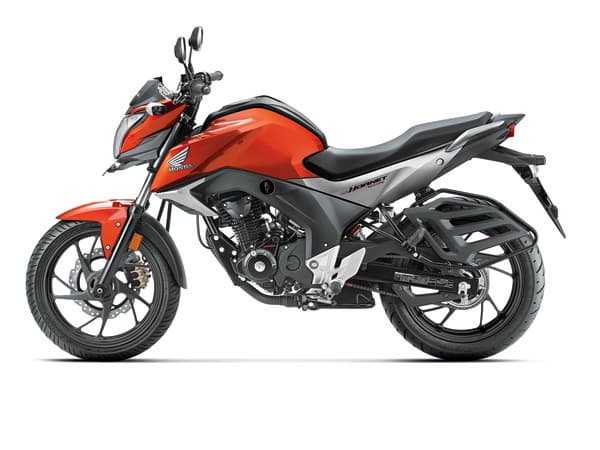 Honda CB Hornet 160R left hand side profile in orange.