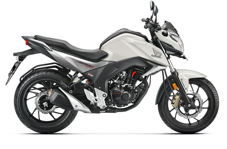 Honda CB Hornet 160R side profile view in white.