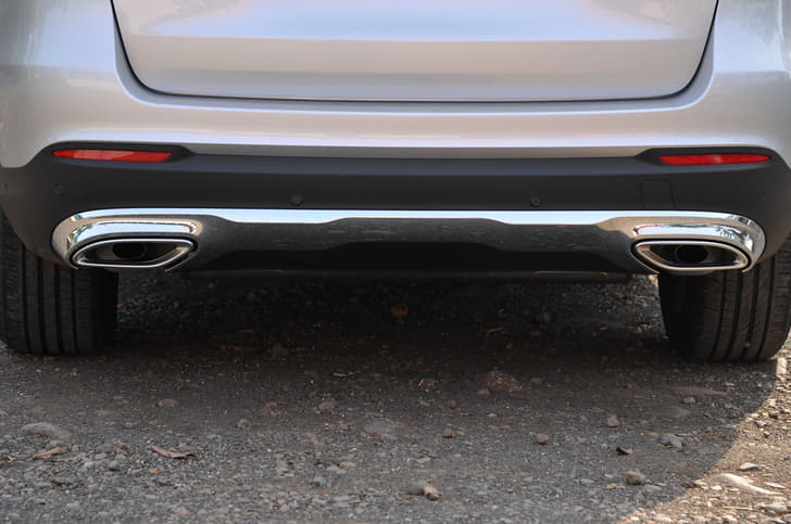 The chunky rear skid plate with twin exhausts points to the GLC’s SUV credentials.