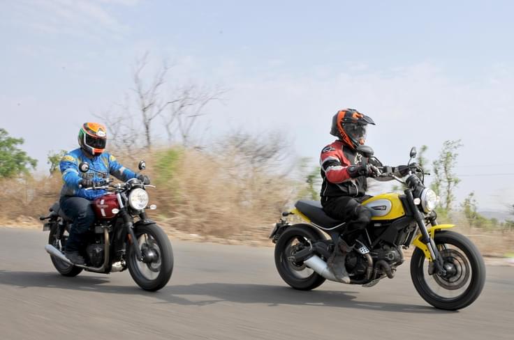 When it comes to outright acceleration, the Scrambler has the Street Twin beat, making the dash from nought to 100kph in just 5.03 seconds as compared to 6.14 seconds for the Triumph. When it comes to outright acceleration, the Scrambler has the Street Twin beat, making the dash from nought to 100kph in just 5.03 seconds as compared to 6.14 seconds for the Triumph.