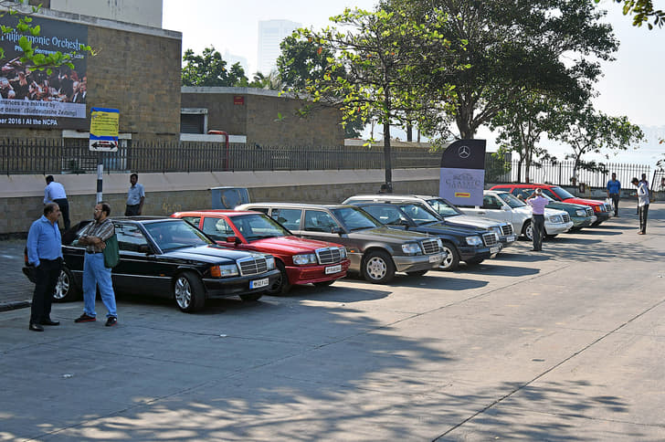 The six-door Mercedes-Benz W124 250D Limo, third from the left, makes an interesting addition to the rally.