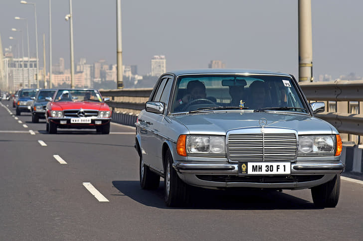 One of the many excellent examples of Mercedes-Benz W123s in the rally.