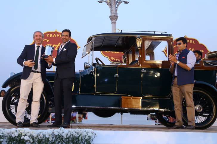 Best of Show Car - 1914 Wolsley 30/40 HP - Mr. Guillaume Alix, Cartier Regional Managing Director, Middle East, India & Africa presenting award to owner Mr. Shrivardhan Kanoria