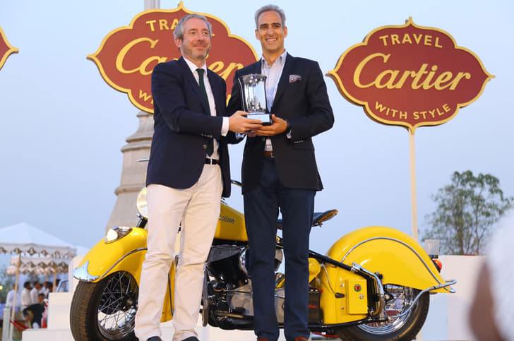 Best of Show Motorcycle - 1947 Indian Chief - Mr. Guillaume Alix, Cartier Regional Managing Director, Middle East, India & Africa presenting award to owner Mr. Arjun Oberoi