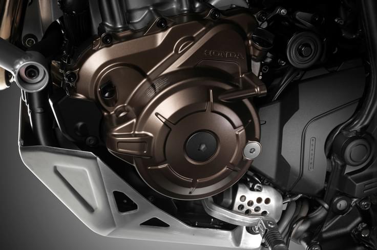 The parallel-twin engine and DCT gearbox is protected by a scuff plate at the bottom. The parallel-twin engine and DCT gearbox is protected by a scuff plate at the bottom.