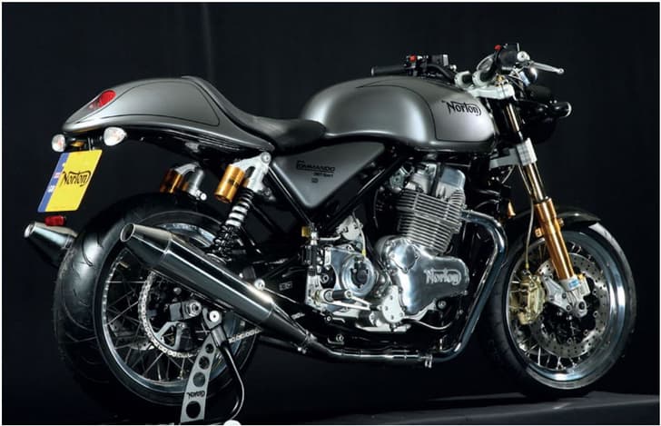 Norton Commando 961 Sport rear three-quarters view in silver.