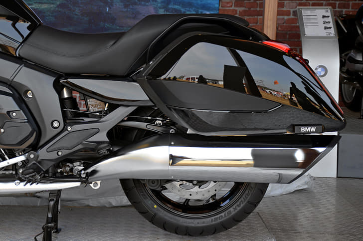 BMW K1600B rear pannier and exhaust left hand side view.