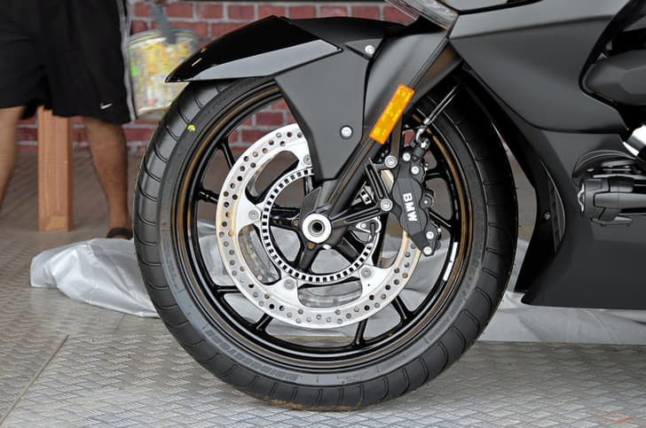 BMW K1600B front wheel and brakes.
