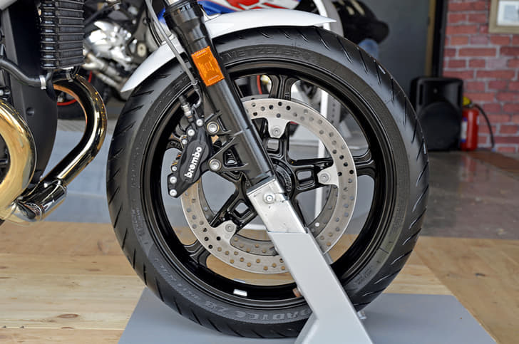BMW R nineT Racer front brakes and wheel.