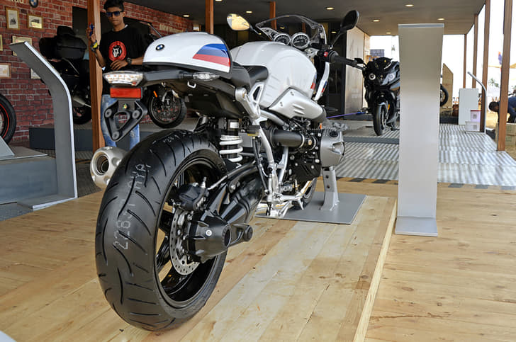 BMW R nineT Racer rear three quarters view.