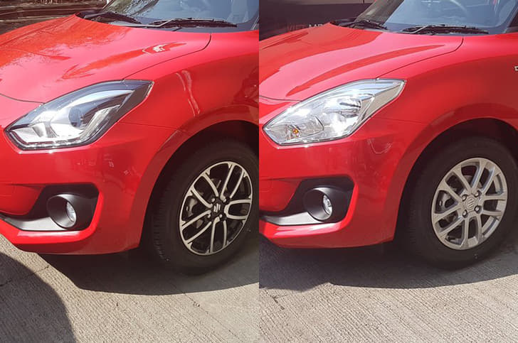 Spot the differences. On the left is the top-spec Swift with blackened headlamp cluster, LED headlights and 'precision cut' dual-tone 15-inch alloy wheels. On the right is a lower variant model with simpler halogen headlamps and smaller 14-inch alloy wheels.