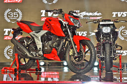 Design cues are largely shared with the larger Apache RTR 200 though the single-seat and one-piece handlebars are unique.