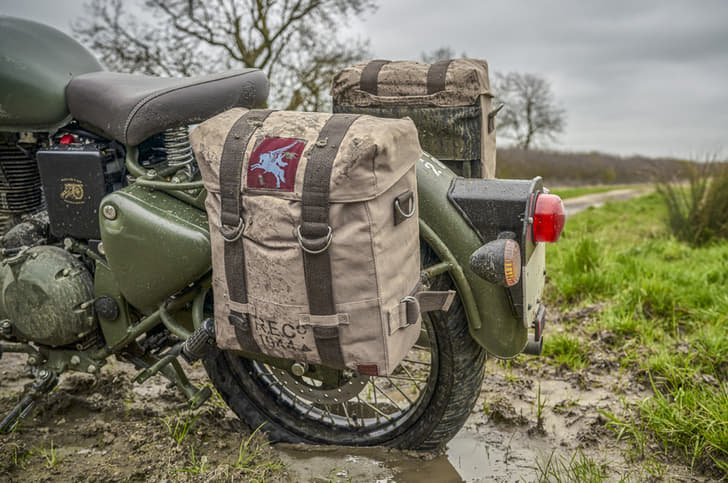Adding to the period look are the military-style canvas panniers.