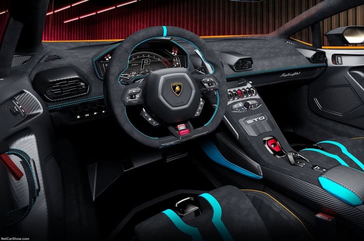 Lambo has used its 'Carbon Skin material' - a fabric even lighter than Alcantara.