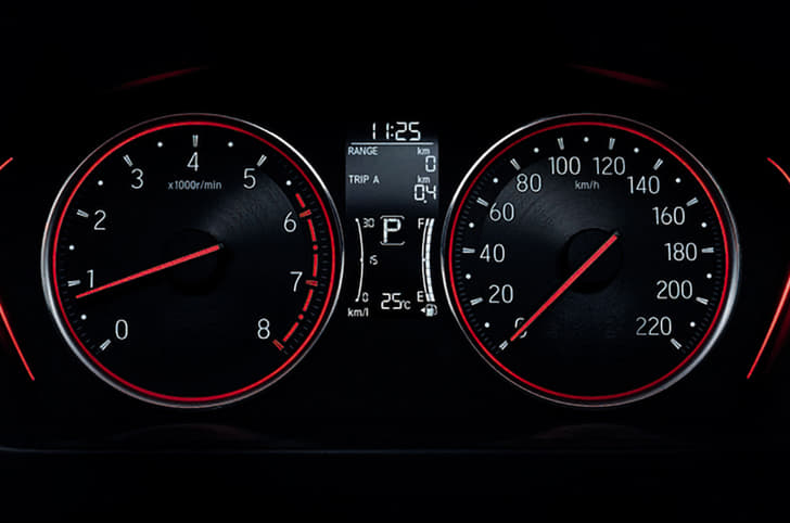 Instrument cluster houses traditional analogue dials with a central MID.