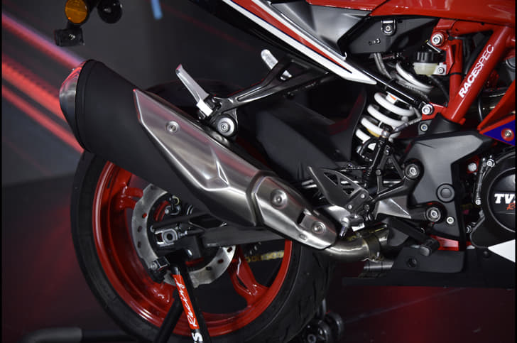 The exhaust muffler has been redesigned and placed higher up to offer more cornering clearance and a sportier exhaust note.