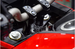 A pair of large risers have been used to bring the handlebar closer to the rider.