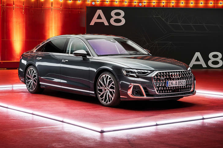Audi A8L facelift front right three-quarters view.
