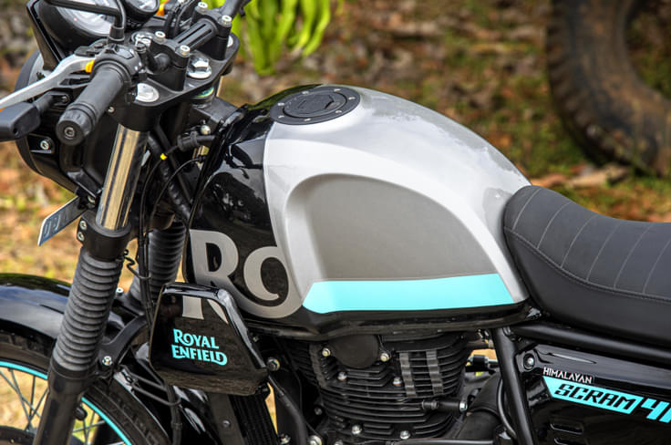 The Scram 411 has a 15-litre fuel tank. The bold new colours set it apart from the Himalayan. The Scram 411 has a 15-litre fuel tank. The bold new colours set it apart from the Himalayan.