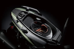 X Force's underseat storage can easily fit a half-face helmet.